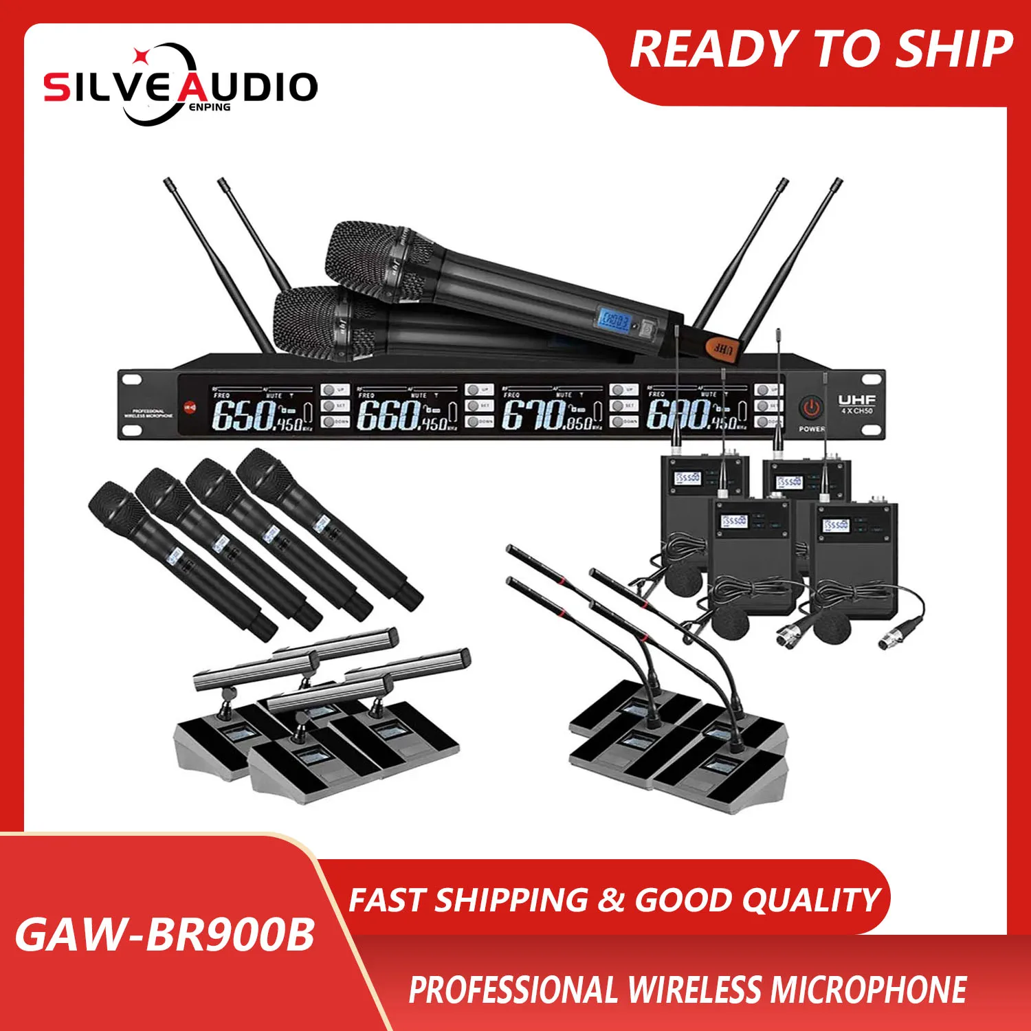 GAW-BR900B احترافي مع تردد زوج الأشعة تحت الحمراء بالأشعة تحت الحمراء UHF ميكروفون لاسلكي من 1 إلى 4 للمرحلة KTV