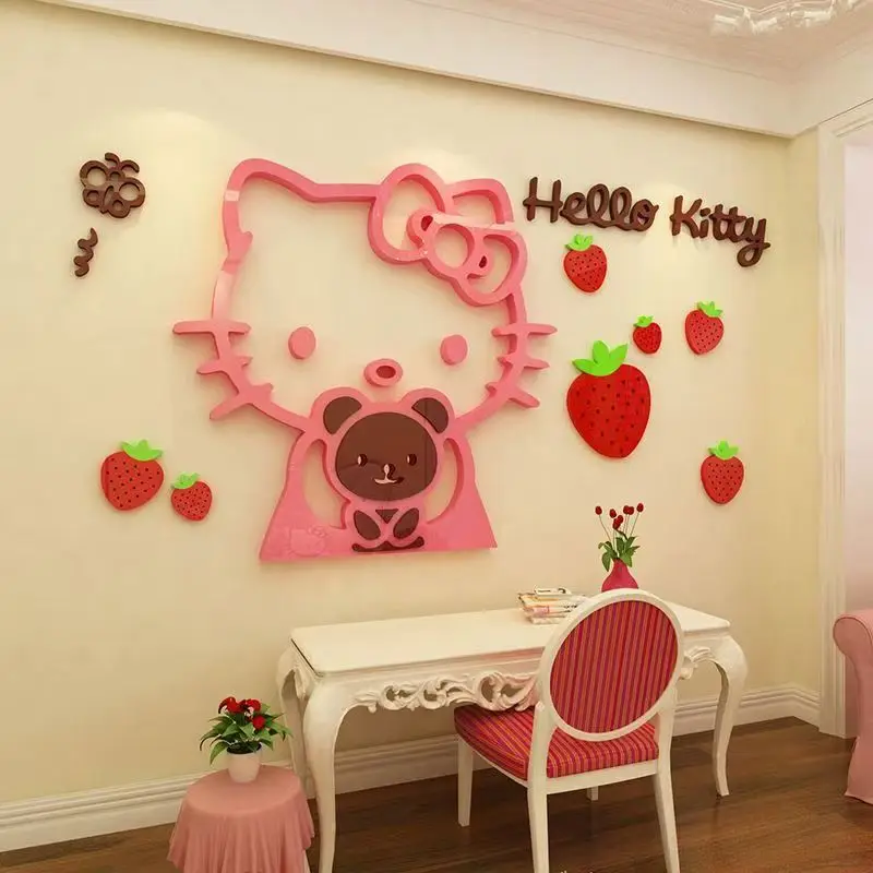 Hello Kitty Strawberry Wall Sticker DIY Self-assembly Sanrio Cartoon Anime 3D Acrylic Wall Stickers Kid Bedroom Wall Home Decor
