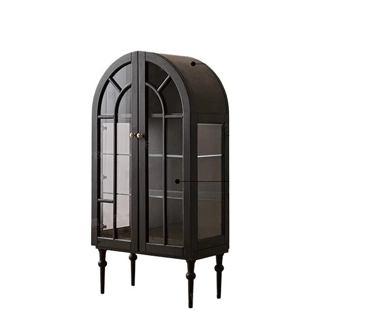 

French retro solid wood curved side cabinet, living room double door storage cabinet, black glass wine cabinet against the wall