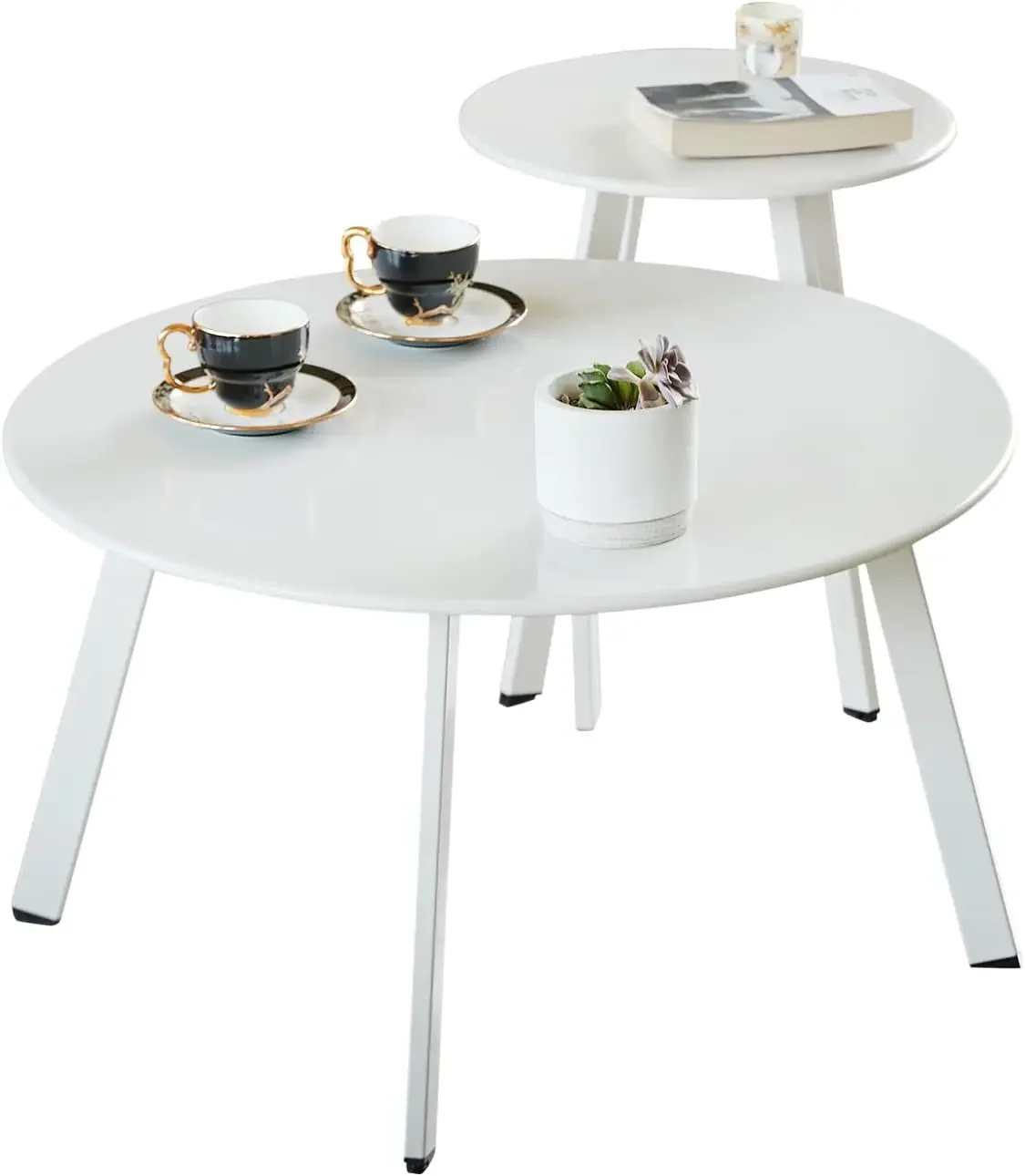 

Patio Coffee Table Set of 2, Weather Resistant Outdoor Round End Table, Nesting Tables for Living Room Balcony Office, White