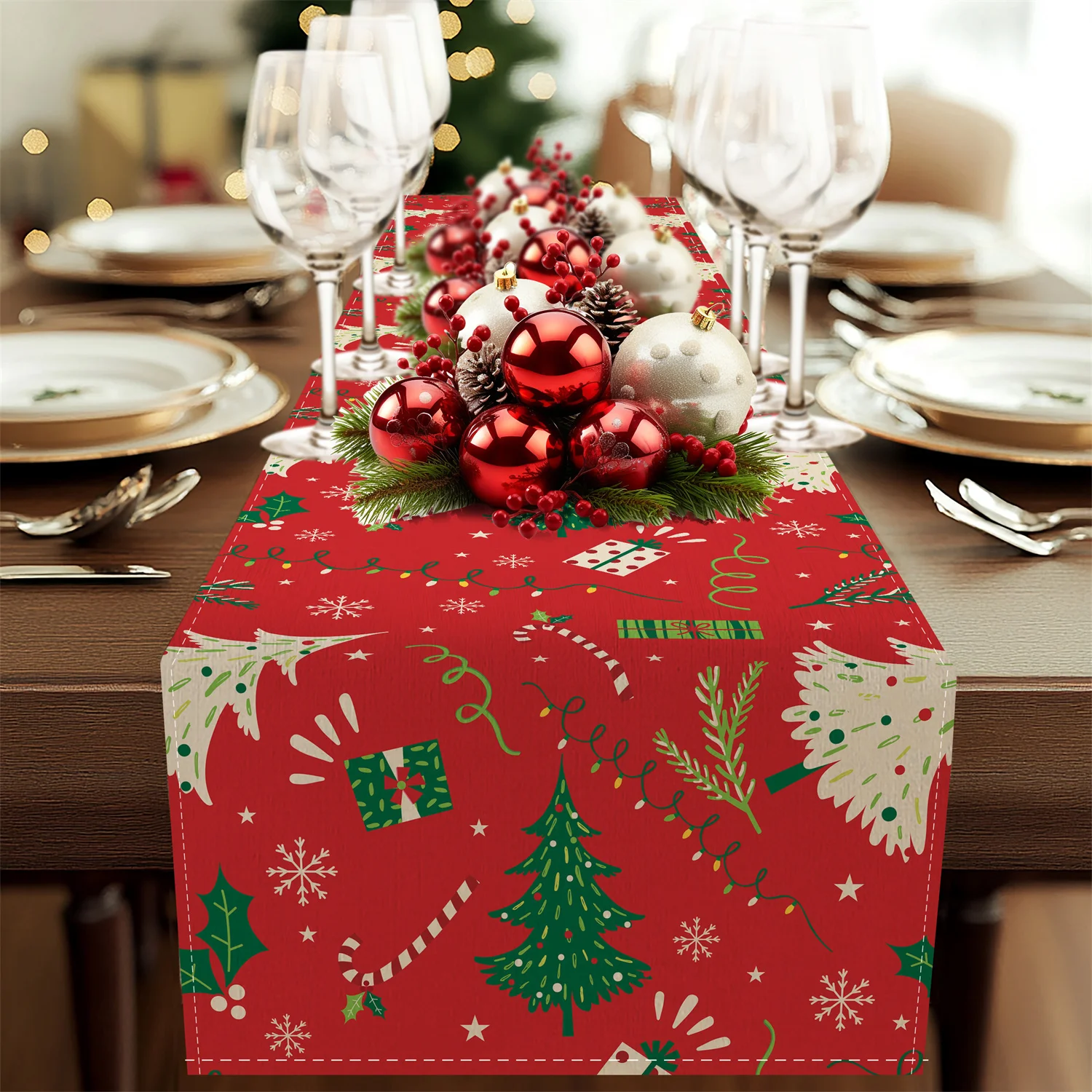 Weihnachts-Tischläufer |   Kiefer- und Schneeflocken-Design |    Festliche Dekoration für Küche, Esstische und Feiertagsfeiern