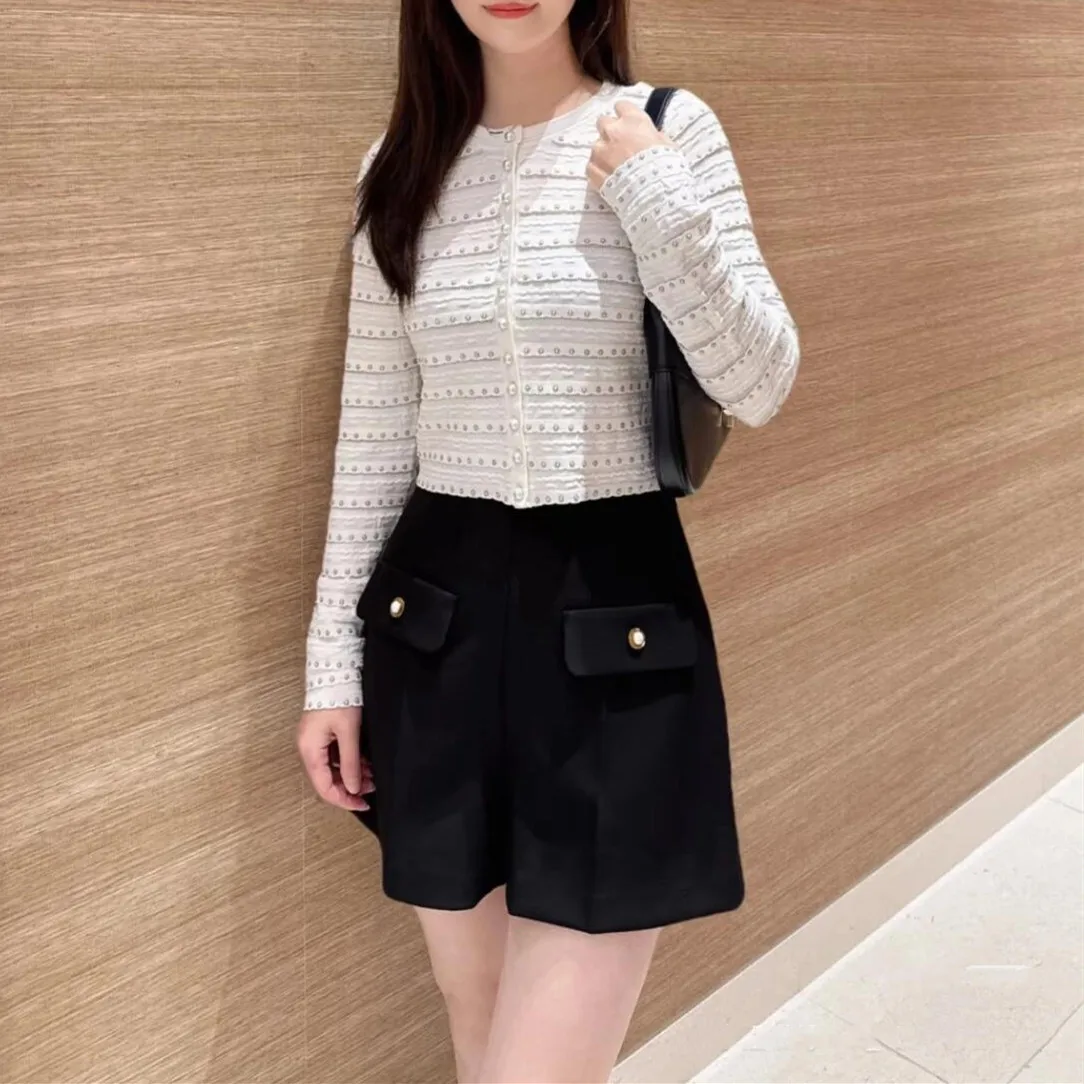 Ele Wit Gebreid Zwaar Verfraaid Open Vest High-End Versie Europese Sle Dames Faion Topklasse Parels Decora...