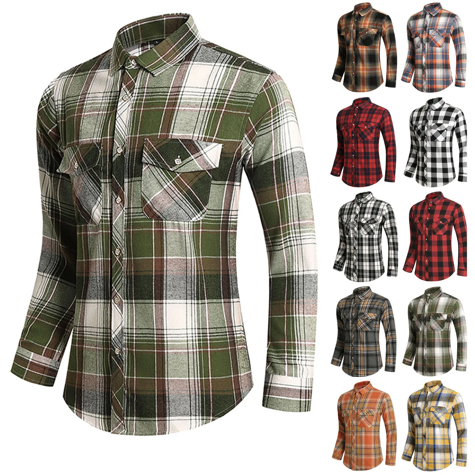 

Men Autumn Clothes Plaid Shirt Vintage Double Pocket Social Camisa Hombre Formal Business Dress Shirts Mens Fashion Clothing