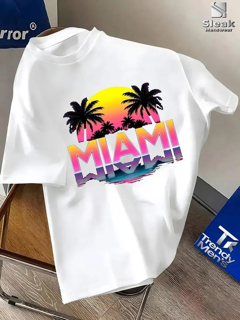 Men's Short-Sleeve T-Shirt With Miami Letter Print, Sunset Coconut Tree Gradient Pattern, Neon Vacation, Breathable Summer Top