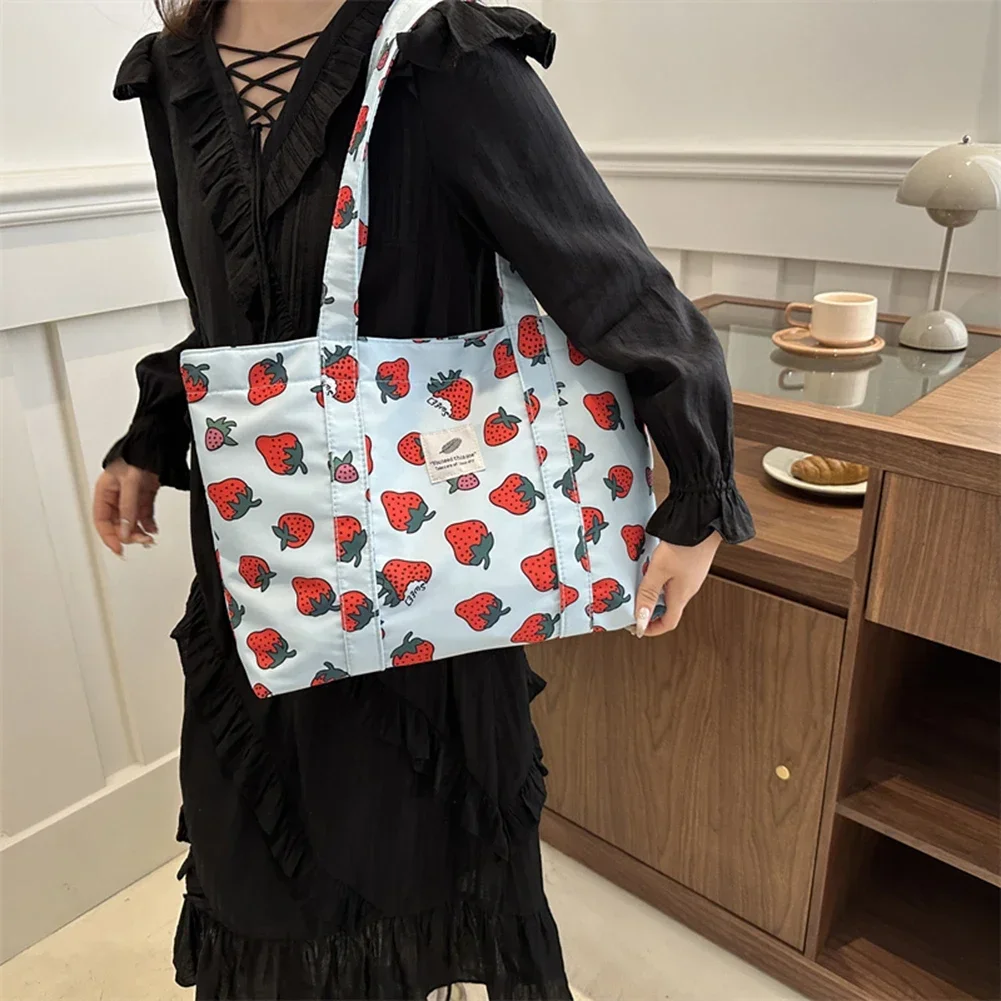 Cute Cherry Print Shoulder Bag Casual Tote Bag Large Capacity Shopping Bag Nylon Aesthetic Handbag Grocery Bags for Women 2025