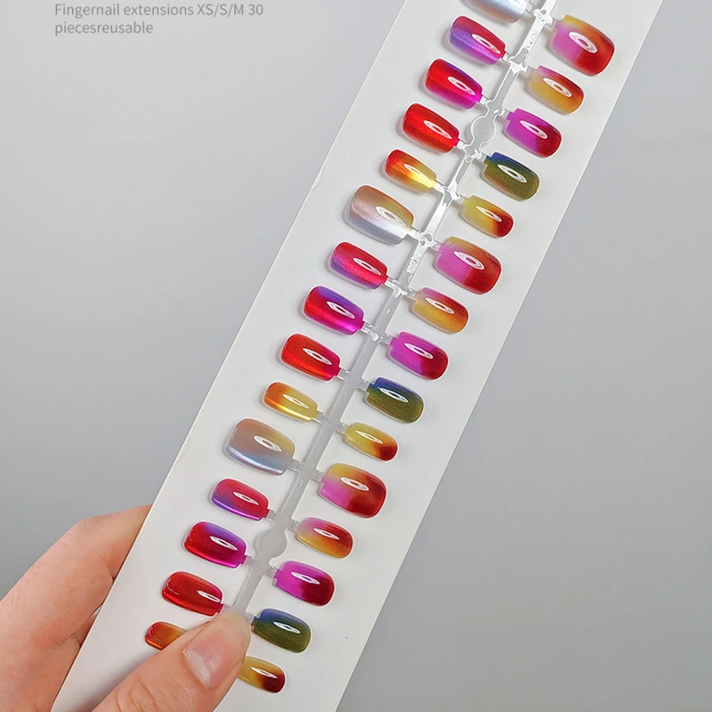 30 Stück handgemachte Gradient-Katzenaugen-Press-On-Kunstnägel, mittelkurze Nagelspitzen, beliebtes Design, Blumendekoration, vollständige Abdeckung – Detail 7