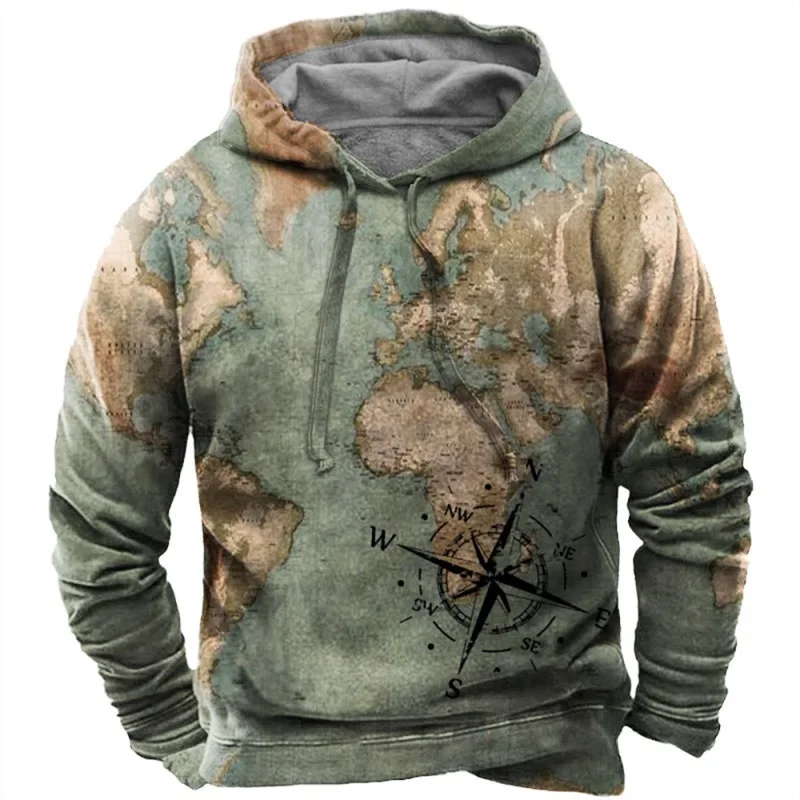 Retro Kompass Grafik Hoodies Für Männer Langarm Übergroßen Pullover Sweatshirt Tops Voller Druck Vintage Männer Hoodie Streetwear