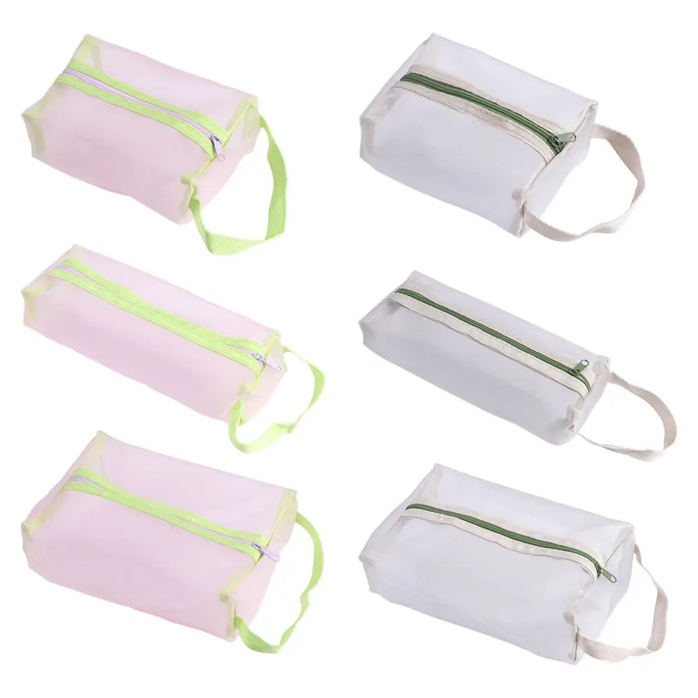 Organizador de artículos de tocador duradero para mujer, bolsa de maquillaje de hilo de red multifunción, verde y gris