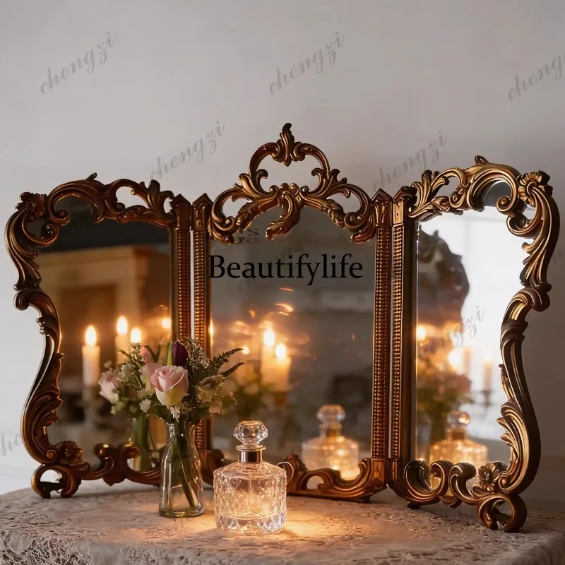 European retro carved dresser type bedroom makeup mirror French bathroom three-sided folding mirror