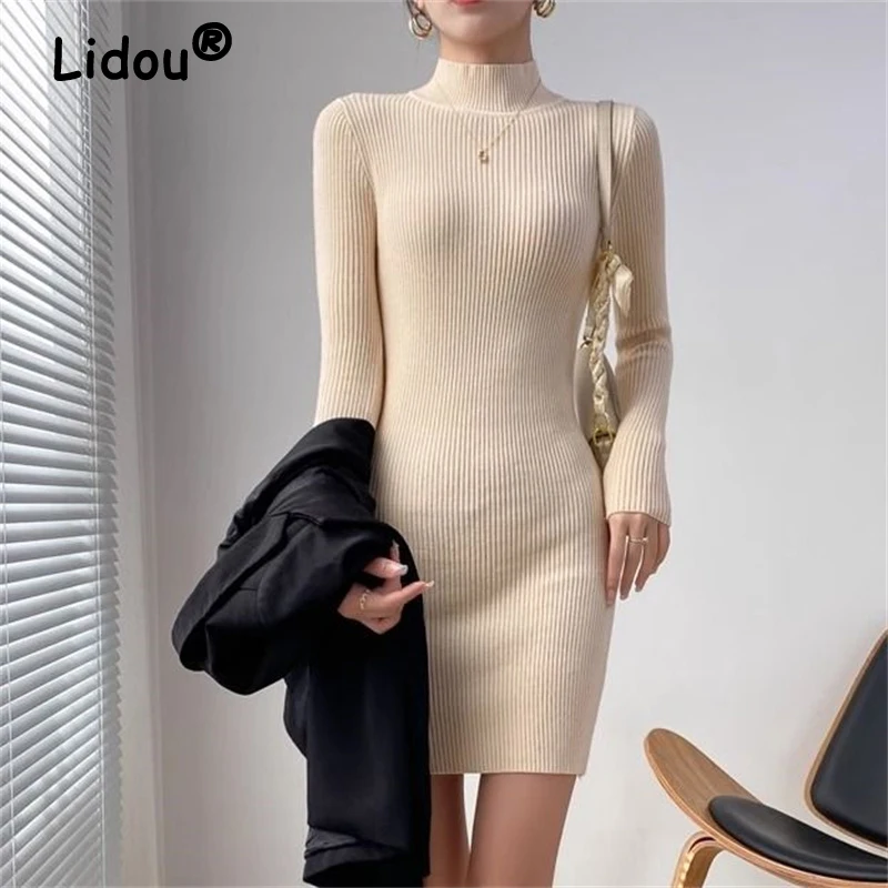 Autumn Winter Women Korean Fashion Simple Ribbed Knitted Dresses Elegant Half High Collar Long Sleeve Slim Basic Sweater Dress