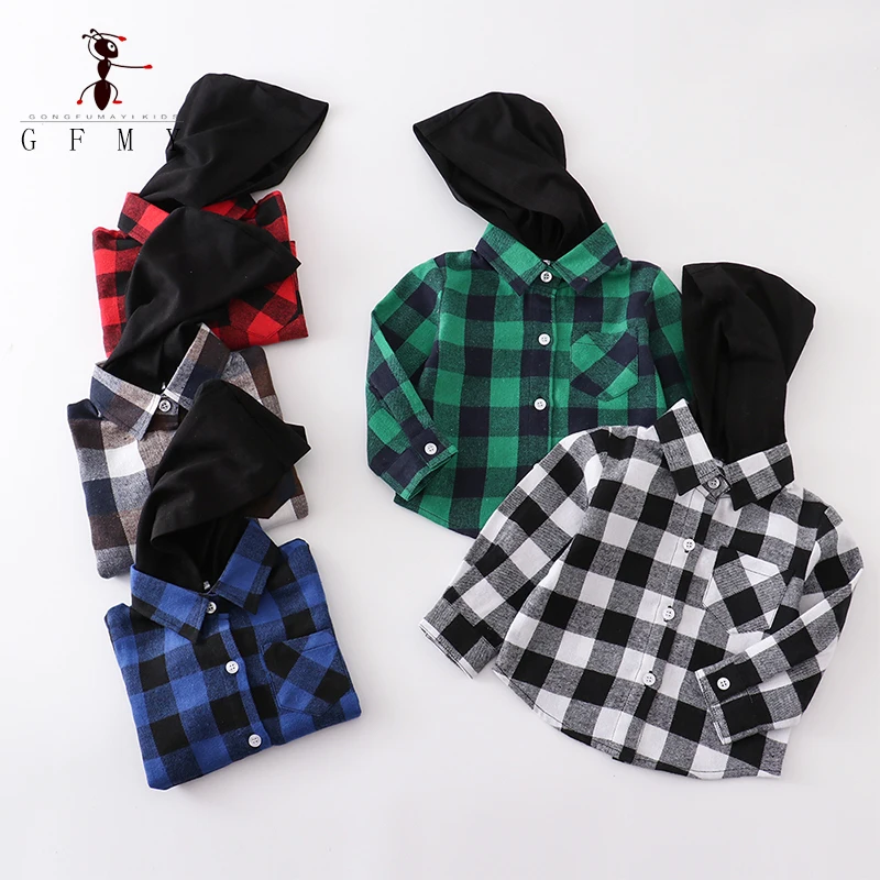 

2023 Autumn New Infant And Toddler Hooded Checkered Shirt Child Kid's Plaid Shirt With Hood Square Grid Coat Boys' Casual Tops