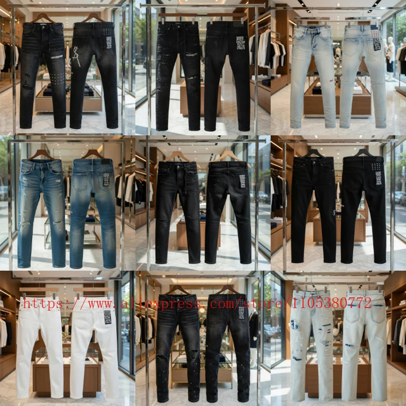 

Новая коллекция 2026: Мужские премиальные черные рваные джинсы с эффектом потертости, с буквенным принтом, зауженные, в стиле High Street Fashion