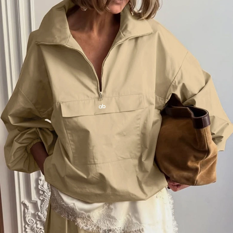 2026 Women Autumn Winter British Minimal Stand‑Collar Half‑Zip Sweatshirt Loose Oversized Vintage Commute Casual Long Sleeve Top