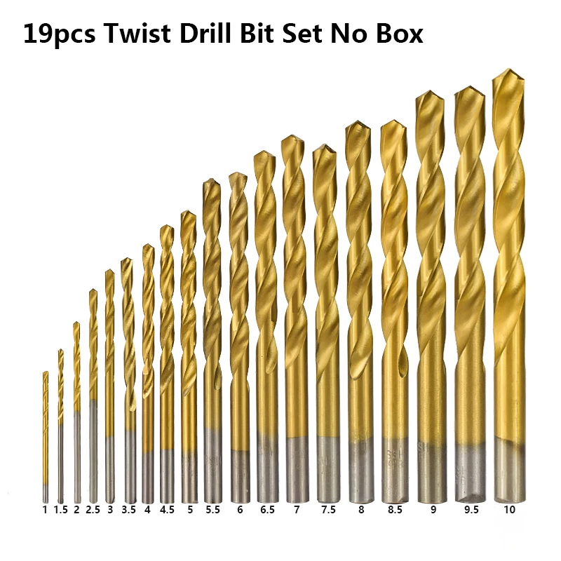 19pcs HSS Twist Drill Bit Set For Wood 1.0-10mm Titanium Coated Hole Cutter Round Shank Gun Drill Bit