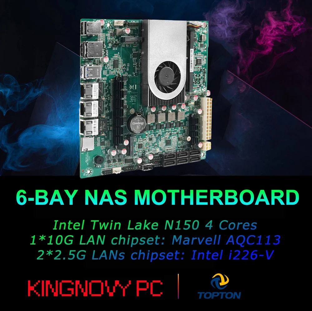 

Intel Twin Lake N150 6-Bay NAS Mainboard 4 Cores 1*10G 2*2.5G LANs 6*SATA3.0 2*NVMe 1*DDR5 Firewall ITX Mainboard Home Server