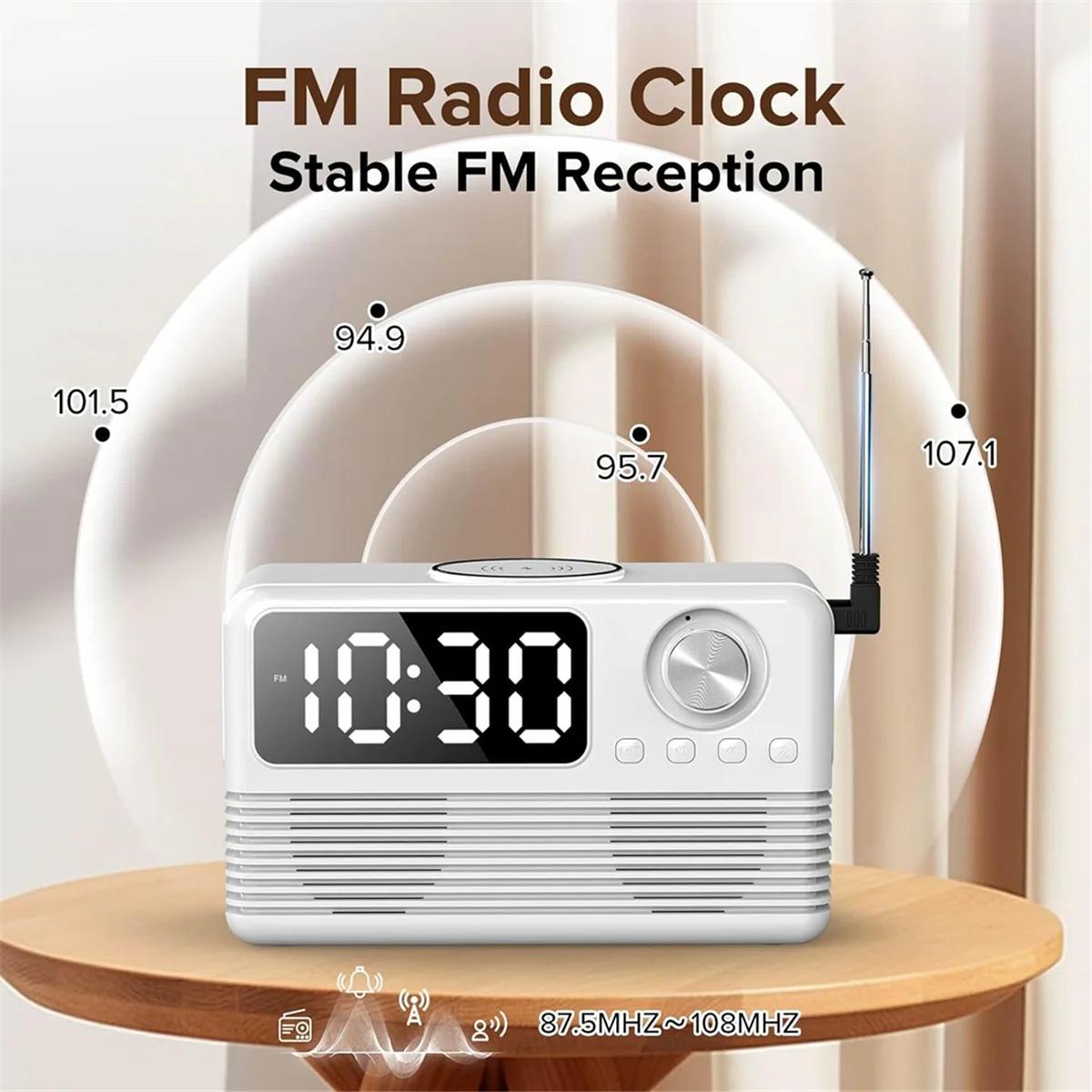 

AB01 15W Wireless Bluetooth Speaker with Charger and Clock Radio,4 In1 Wireless Charging Station with FM Radio for Home White