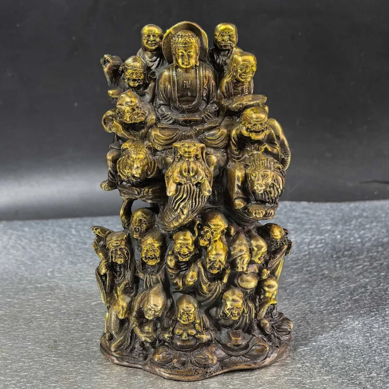 Gilt Bronze Statue of the Eighteen Arhats Shakyamuni Buddha Subduing Dragons and Tigers, Decorative Piece for Home Living Ro