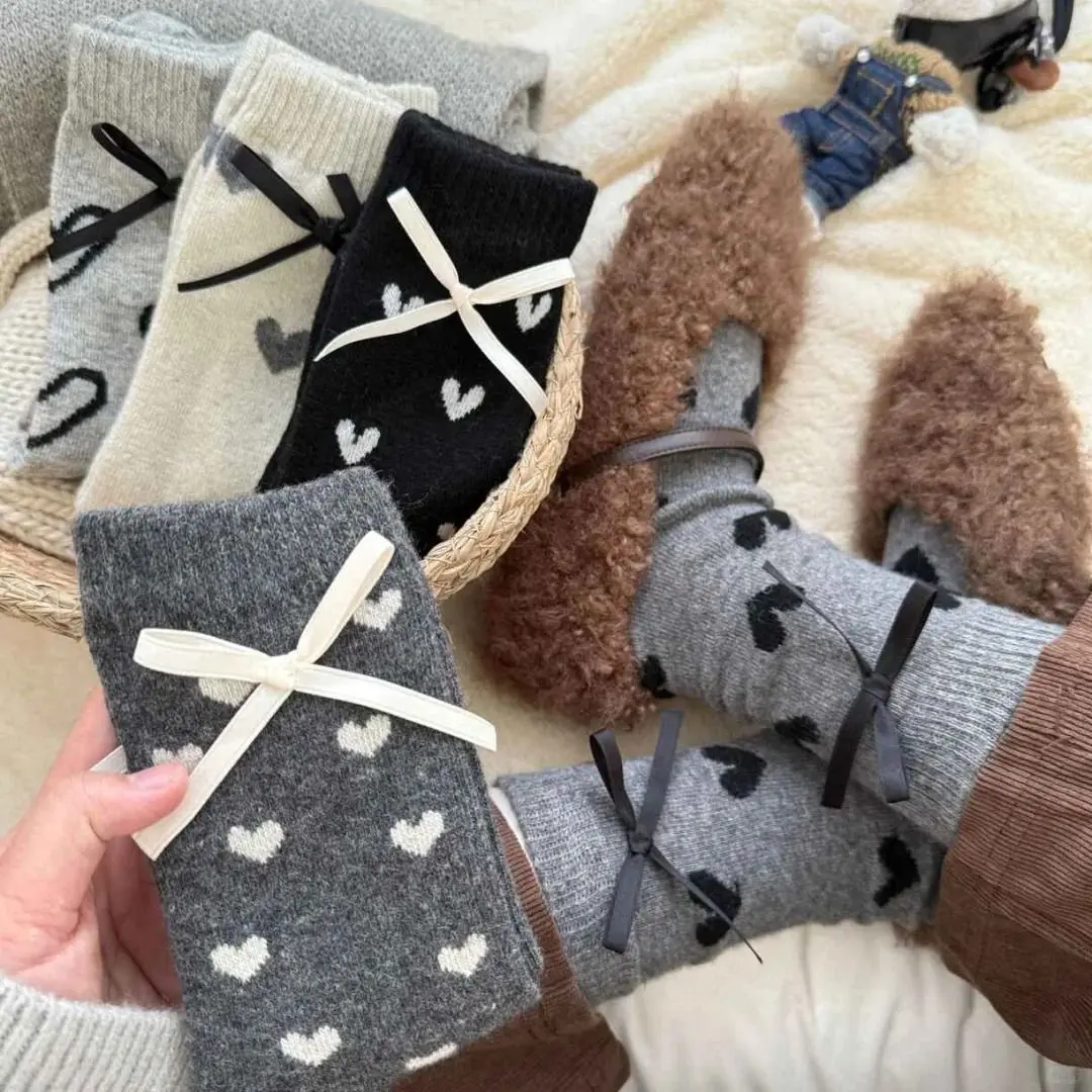 

5 Pairs Women's Socks Set Korean Cute Heart Polka Dot Bow Autumn Winter Thick Warm Socks Kawaii Sweet Verstaile Mid Tube Socks