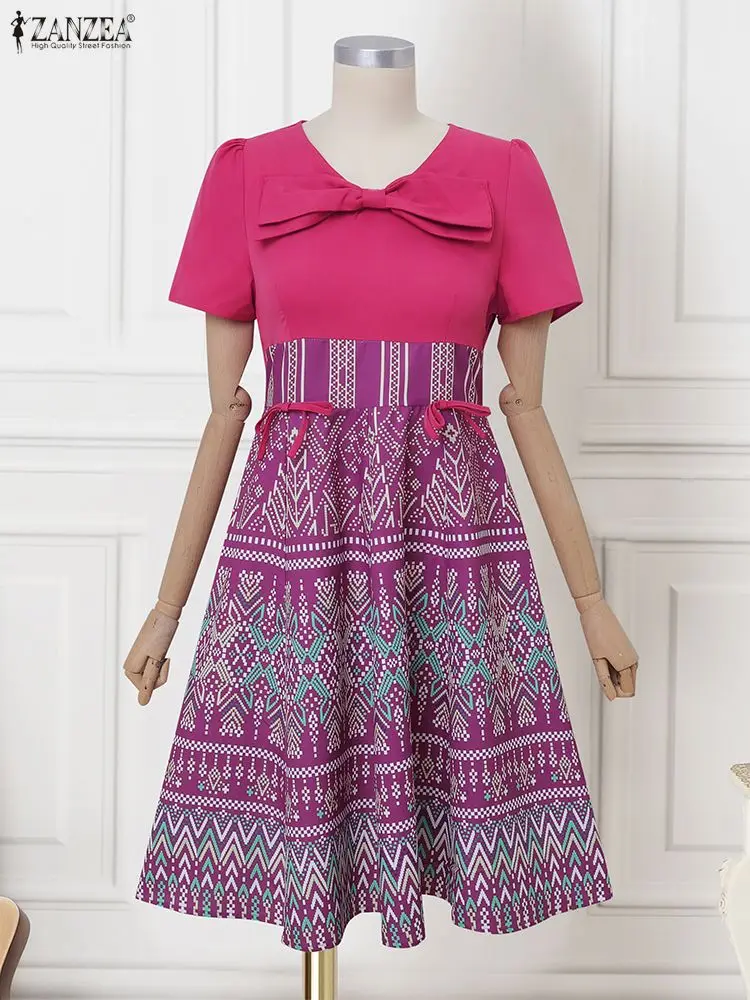 ZANZEA Vrouwen Bloemen Gedrukt Zonnejurk Vintage Korte Mouw Jurk Mode Boog Vestidos 2025, Casual A-lijn Kantoor Gewaad Oversized