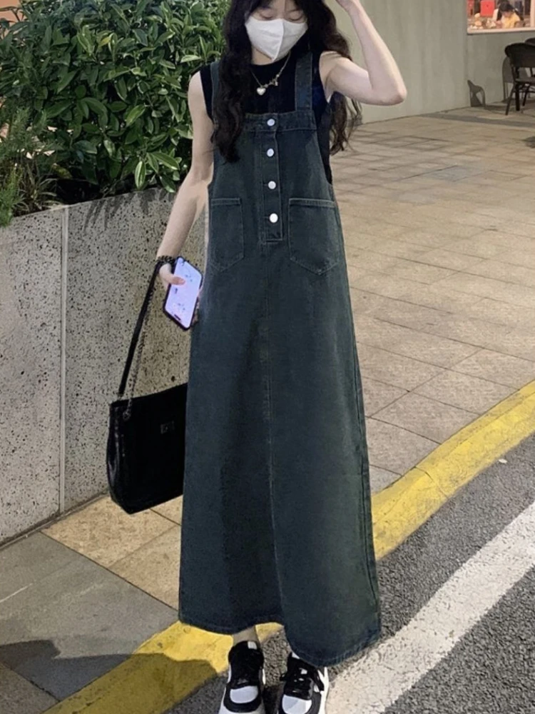 Strap Dress Women Denim Harajuku Autumn A-line Distressed Students Gentle Vintage Girls Ulzzang Chic Designed Maxi Vestidos 2023