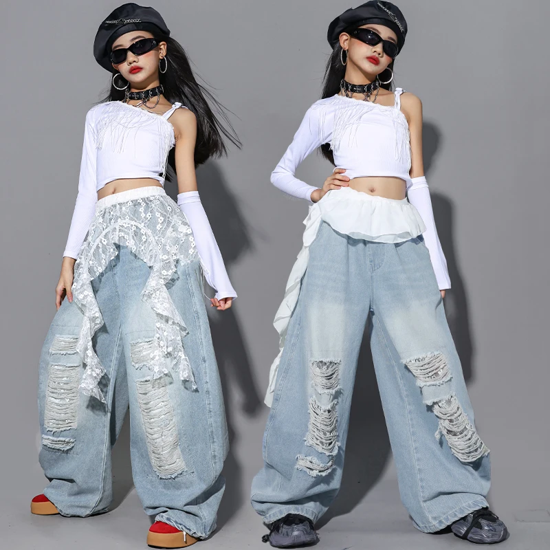 

Новый наряд для джазовых танцев для девочек, одежда для выступлений Kpop, топ с рукавами и бахромой, джинсовые брюки, модный костюм для уличных танцев в стиле хип-хоп AMY2787