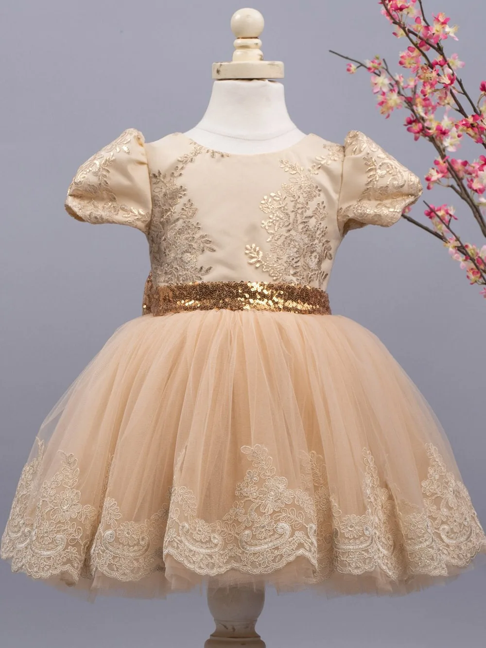 Tulle V-back Flower Girl Dress For Wedding Puffy Gold Lace Sequin Bow Short Sleeves Birthday Party Dress First Communion Gowns