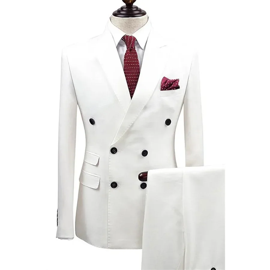 Luxury Wedding White Men's Suits Double Breasted Peaked Lapel Loose Full Set Regular Gentlemen Blazer 2 Piece Jacket Pants