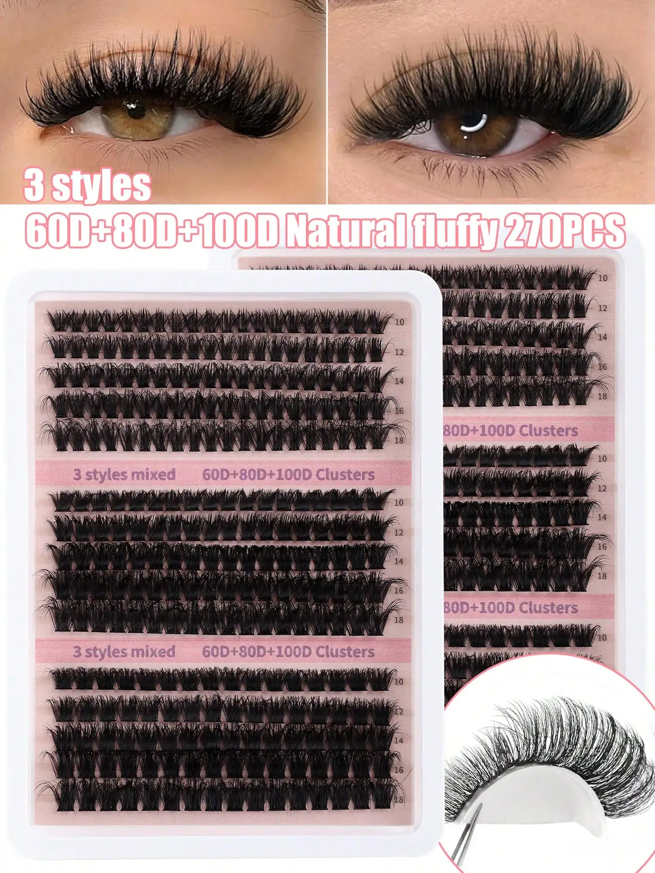 、Fluffy Lash Clusters 60D+80D+100D Individual Eyelash Thick Cluster Eyelash Extensions D Curl Lashes Clusters 270 Individual Lashes Wispy Cluster Lashes