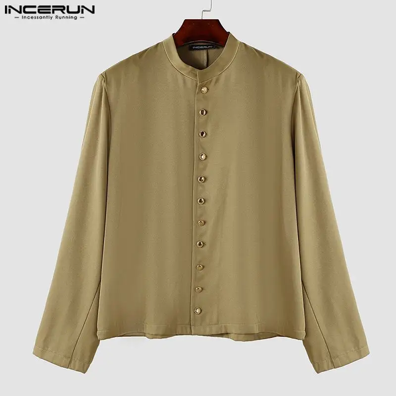 INCERUN Men Blazer Solid Color Stand Collar Long Sleeve Button Casual Male Suits Streetwear 2024 Autumn Fashion Thin Coats Men