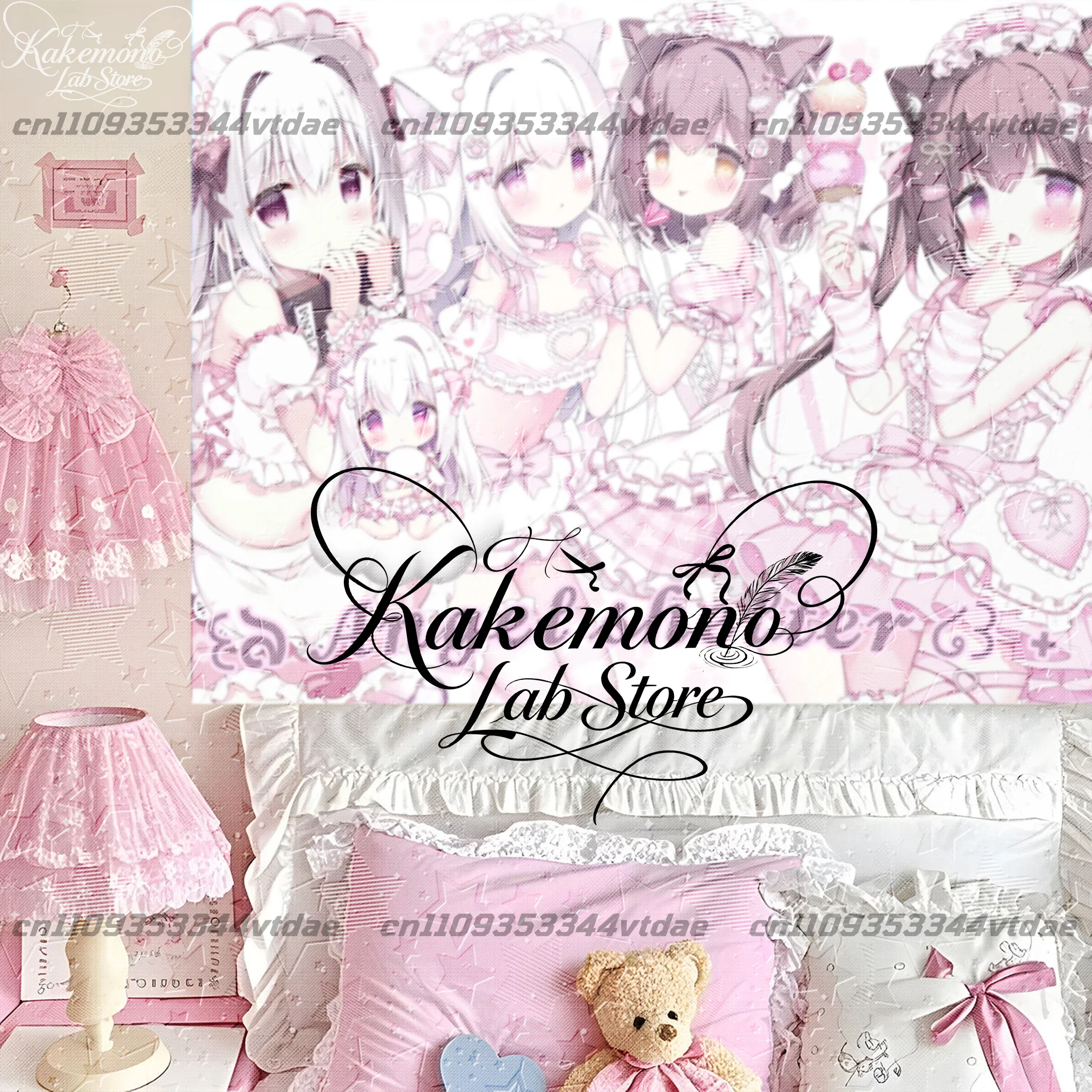 Sweet Pink Multi Neko Girls Tapestry, Kawaii Cat Ear Maid Bow Ice Cream Anime Wall Hanging for Girls Bedroom Aesthetic Dorm Home
