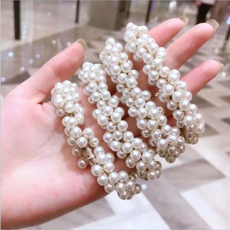 Elegant Lady Rubber Band Rope Pearl Hair Ring Girls Beaded Scrunchies Rubber Bands Ponytail Hair Accessories Elastic Headband