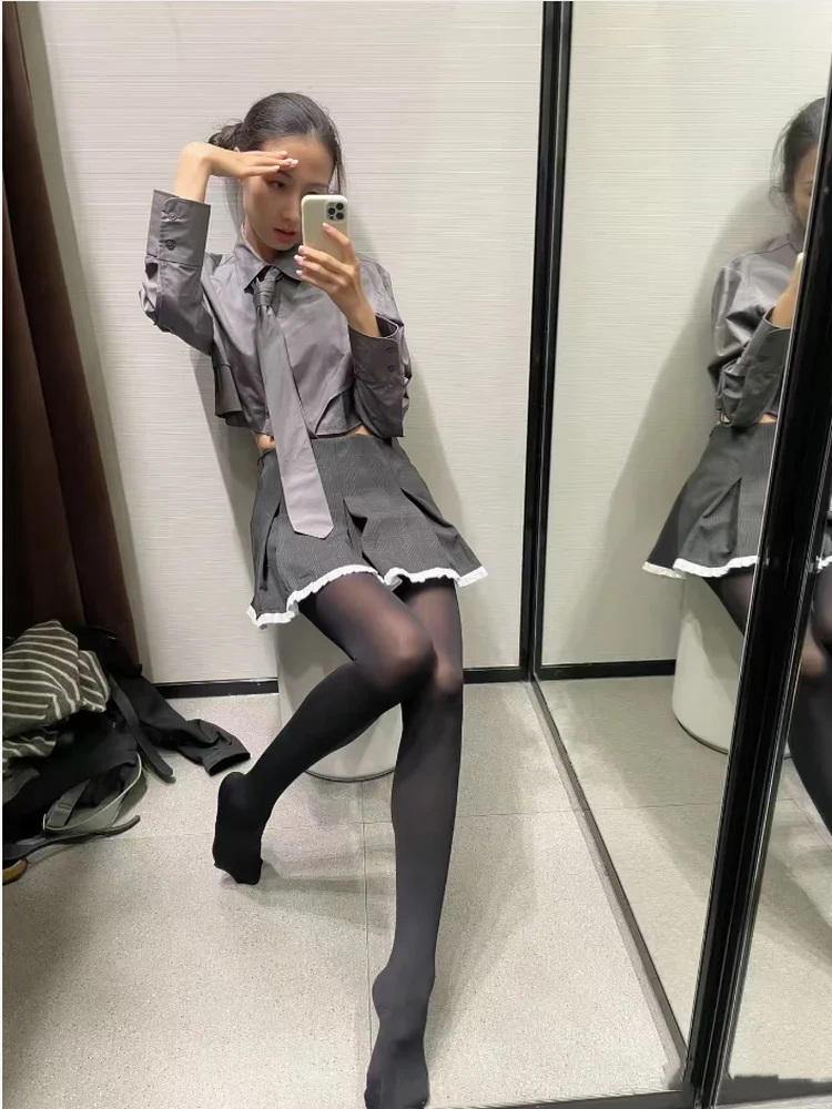 

Sweet Preppy Sle High Waist ort Length irt with Bow Tie Long Sve Turn-down Collar Cotton Blend Casual Fem Top