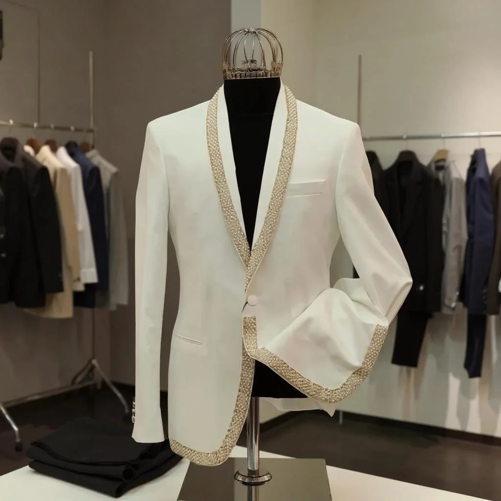 

Stunning Beaded Pearls Wedding Groom Tuxedos 2 Pieces Custom Made Men Suits Set Jacket with Pants Prom Party Blazers Customized