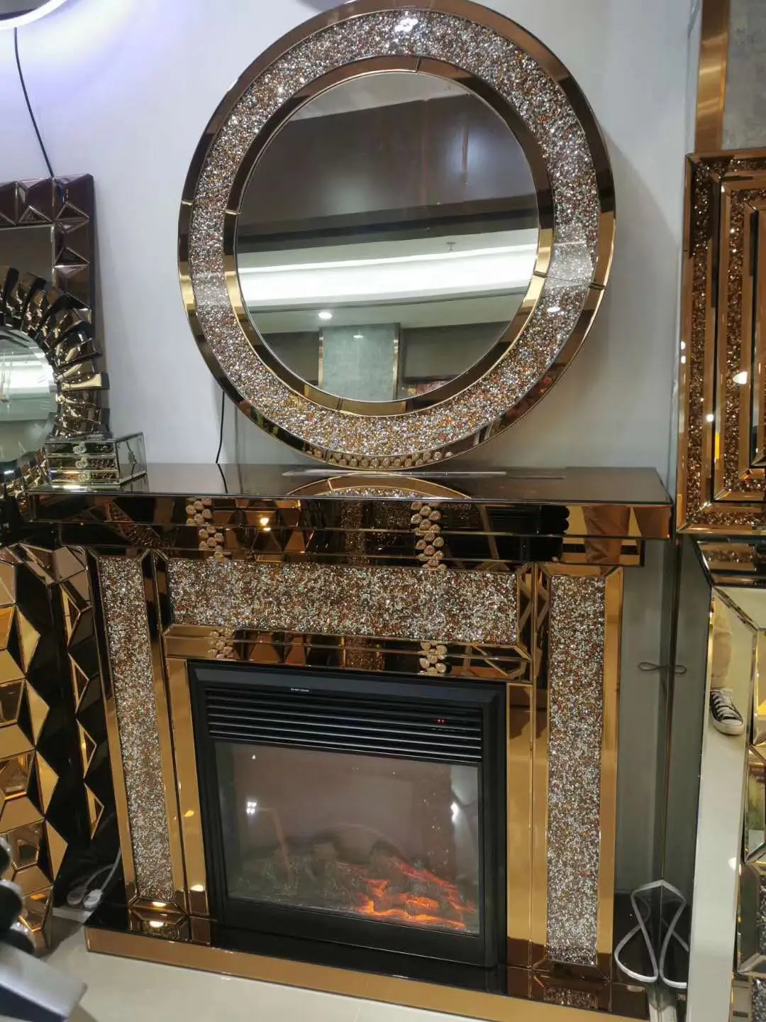 Electric Fireplace with LED, 120 x 35 x 100 cm Mirrored Console Table, Diamond Crush Mirrored Glass Furniture for Living Room