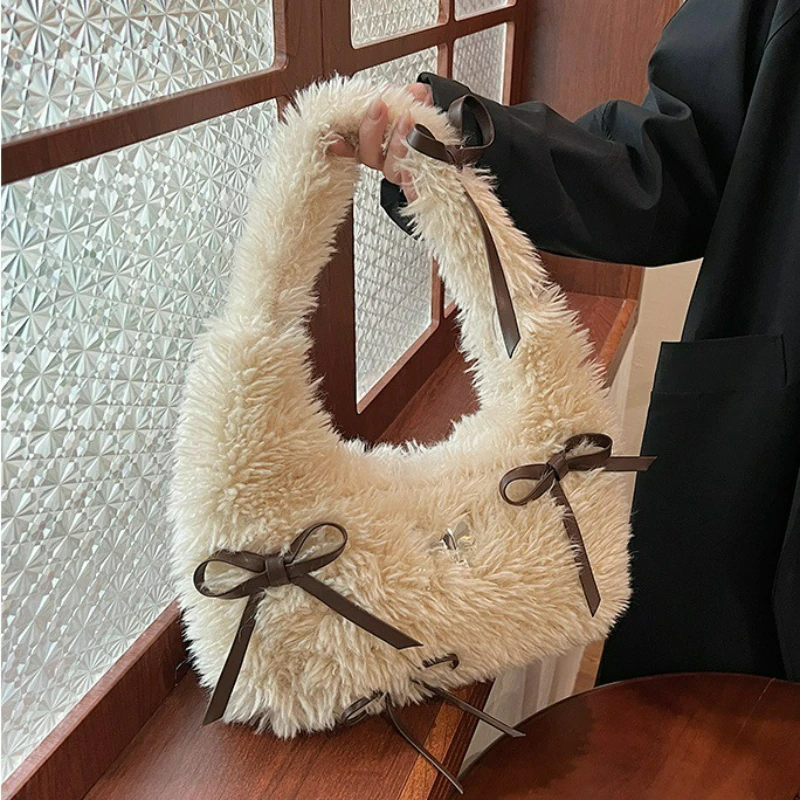 

Korean Style Ins Bow Fluffy Shoulder Bag Autumn Winter New Large Capacity Cute Commuter Handle Bag Texture Simple Storage Bags