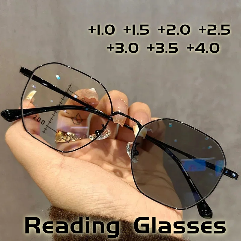 

Polygonal Photochromic Multifocal Reading Glasses Gold Wire Large Frame Anti Blue Light Color Changing Presbyopia Glasses