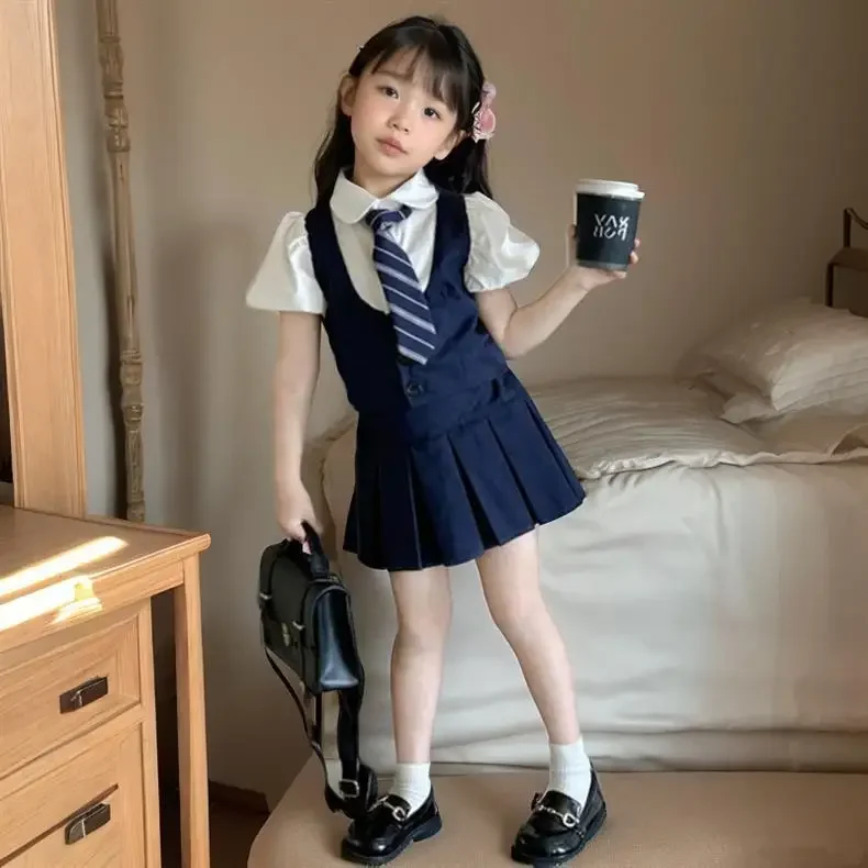 2026 summer Teenager Girls suit Cloth short sleeve JK tie Shirt blouse + Pleated skirt dress children set 6 7 8 9 10 11 12 year
