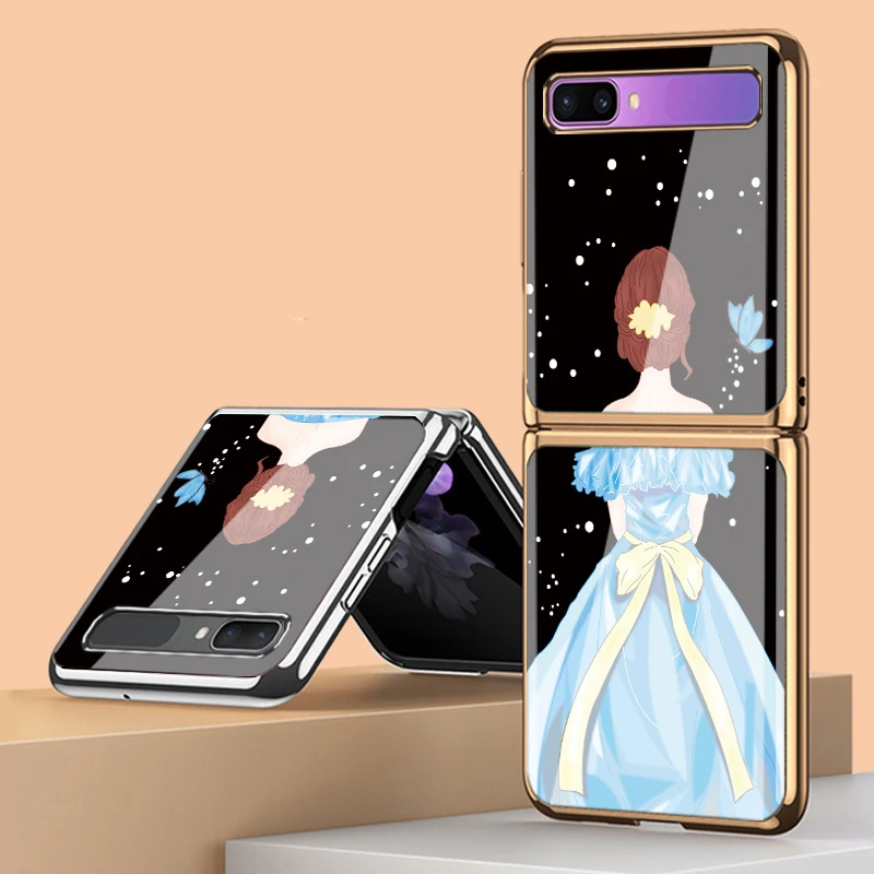 Z Flip 4 Funda Case for Samsung Galaxy Z Flip 4 3 2 1 Princess Charm Pattern Coque Plating Tempered Glass Phone Case Cover