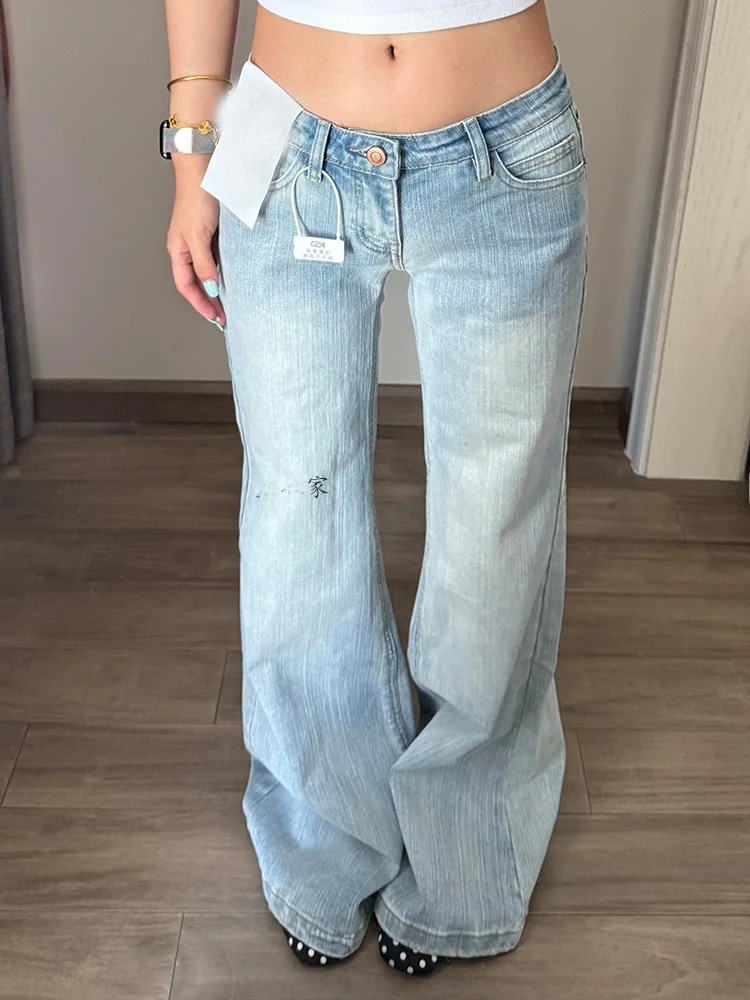 

Retro American Design Low Waist Bell Bottom Jeans Women's Light Blue Bamboo Texture Slimming Long Pants Summer Fashion