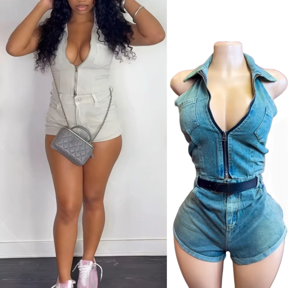 

FAGADOER Sexy Cargo Pocket Patchwork Denim Bodycon Rompers Women Deep V-neck Backless Jumpsuit Female Streetwear Overalls New