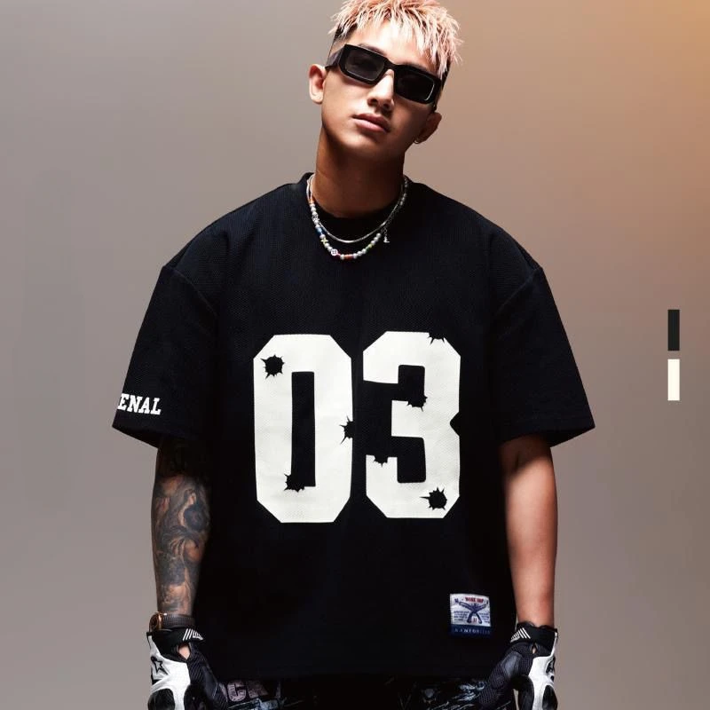 

Summer New American Digital Print Waffle Jersey Short Sleeve Men's High Street Loose Sports T-shirt High Quality Y2K Clothing
