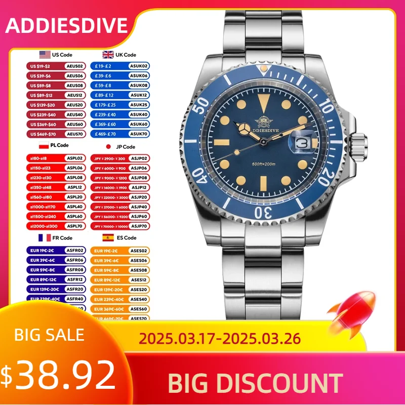 ADDIESDIVE Luxury Quartz Watch Display Calendar 41mm Fashion Watches Stainless Steel 20Bar Dive Super Luminous AD2054 WristWatch