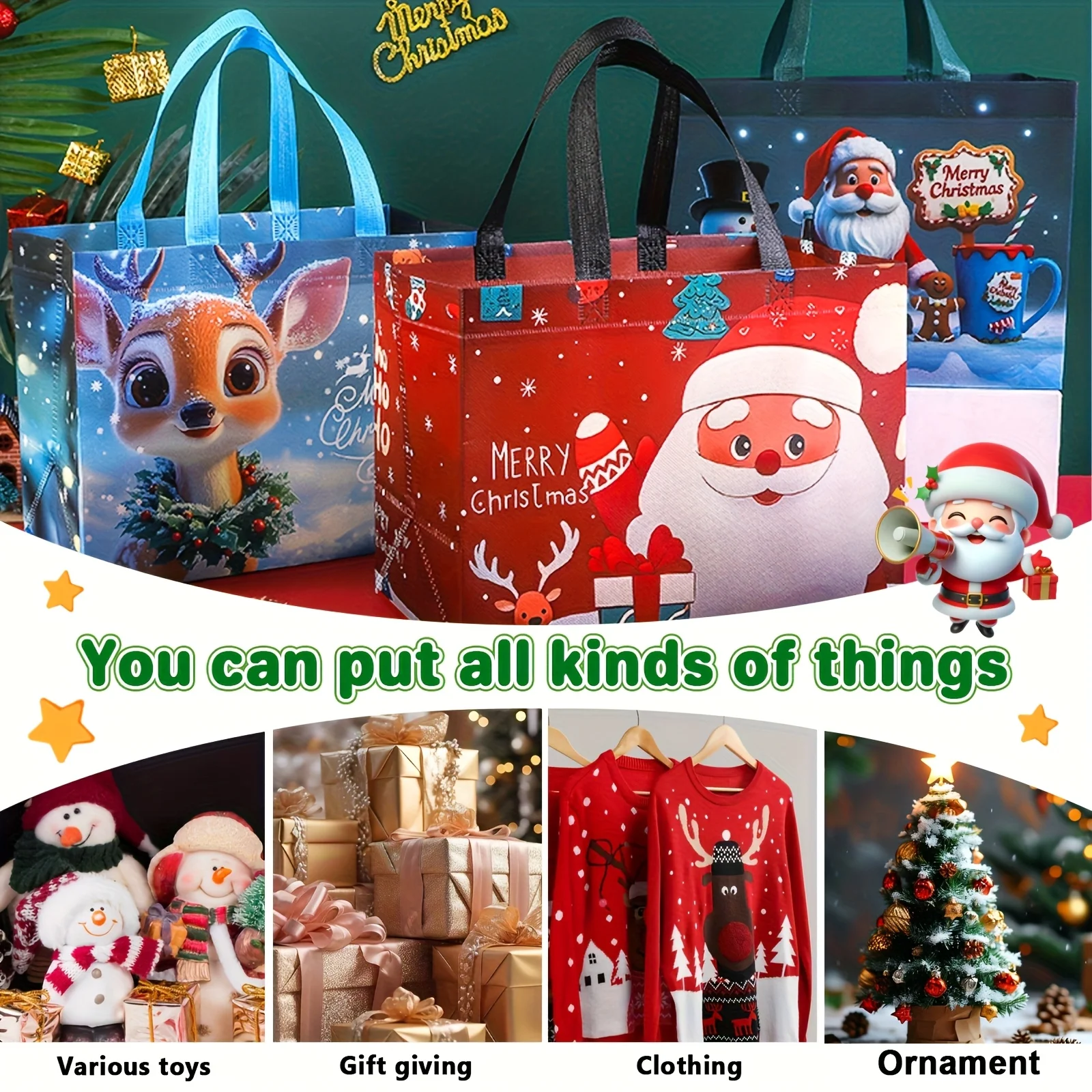 16 große Weihnachtsgeschenktüten mit Griffen, wiederverwendbar, Weihnachtsmann, Schneemann, Weihnachtsbaum-Designs – für Urlaubsangeln, Weihnachtsfeiern – Detail 8