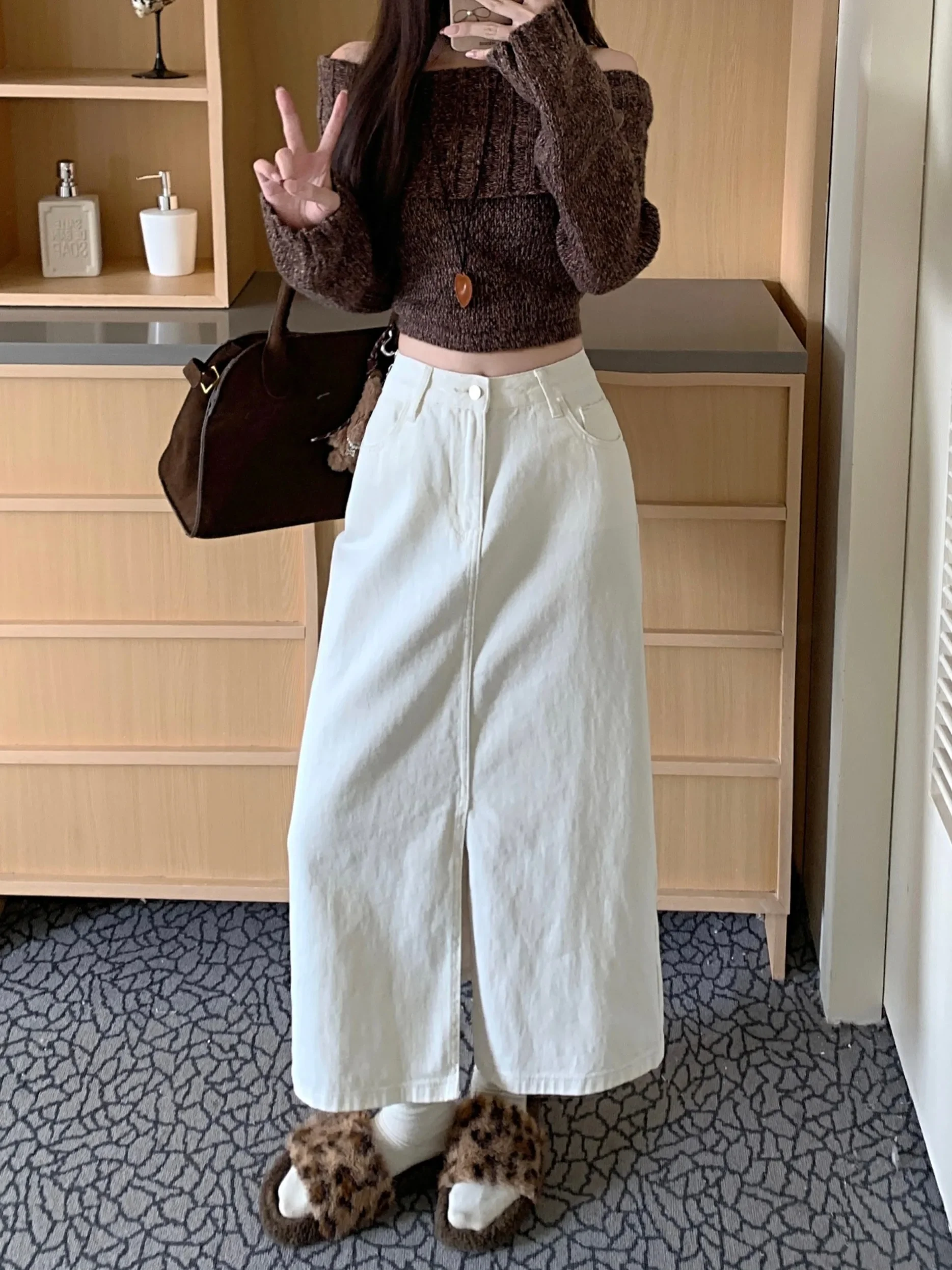 Spring Trendy Slimming White Denim Skirts Korean Sle Commute High Waist A-Line Midi Skirt Women's Denim Half-length