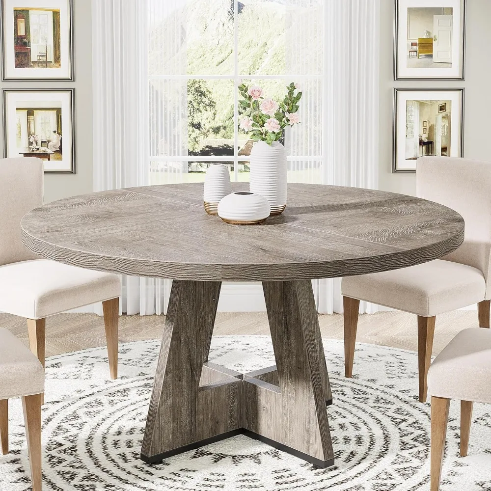 

Dining and living room, 47 inch round dining table for 4 people, with wooden tabletop and legs, country grey (table only)