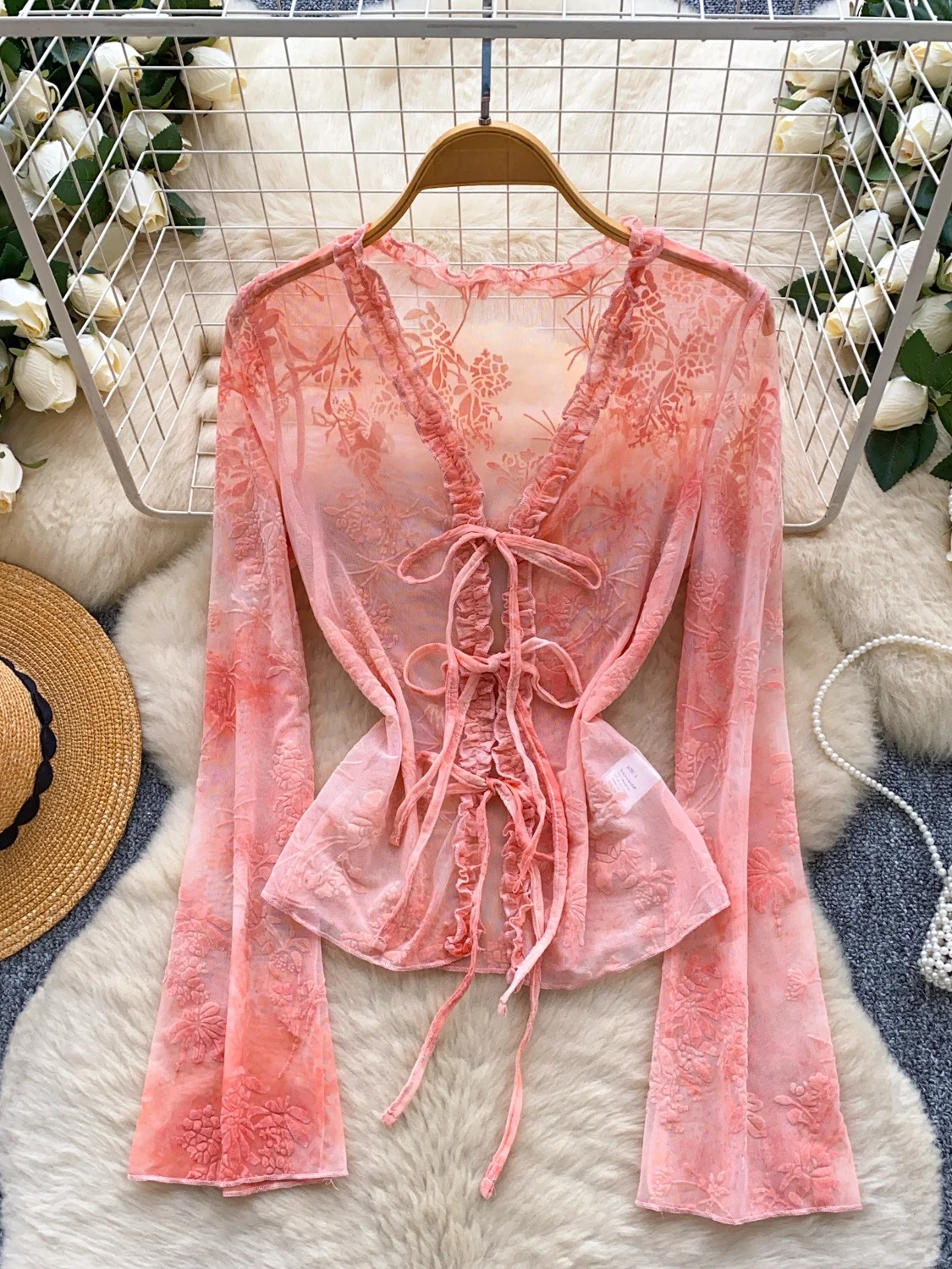 

Pure Desire Design V-Ne Long Sve Velvet Me Top Женский универсальный облегающий базовый топ с поясом в Корейском стиле Sle Commute Wind