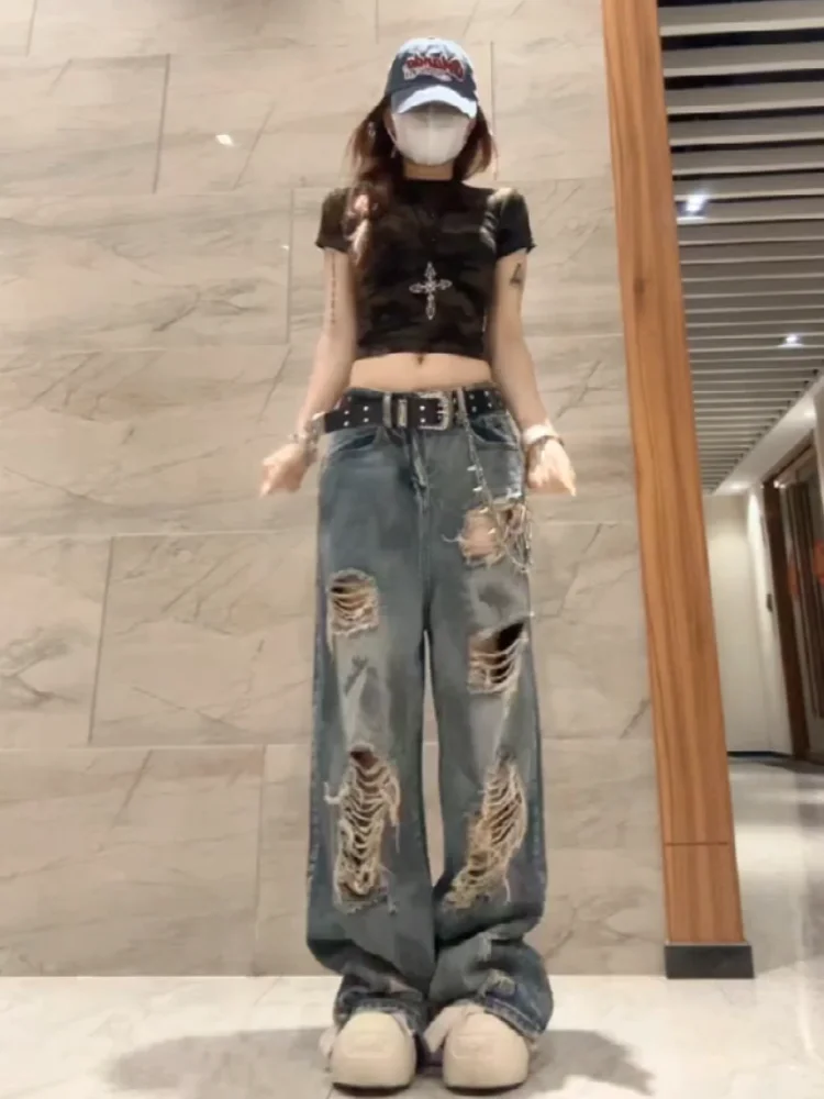 Sweet Cool Dirty American Style High Waist Straight Leg Wide Leg Jeans Women Summer Washed Hole Loose Fit Casual Denim Pants