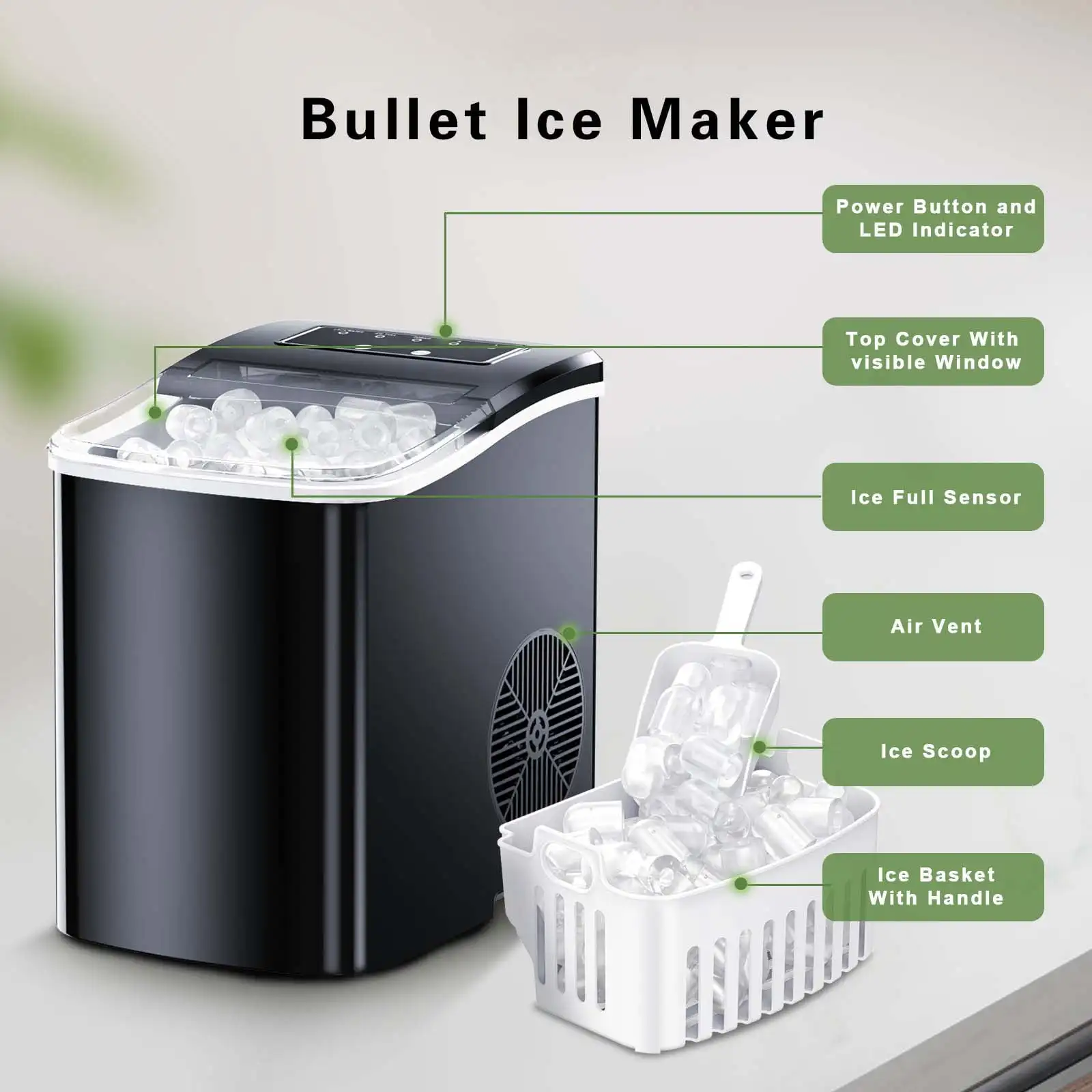 Portable Counter Top Self Cleaning Ice Maker Machine -  26lbs/24Hours with Ice Scoop, Basket, Black