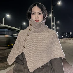 100% pure wool high neck shawl knitted cape fake collar women's autumn and winter new item with buckle irregular coat for warmth