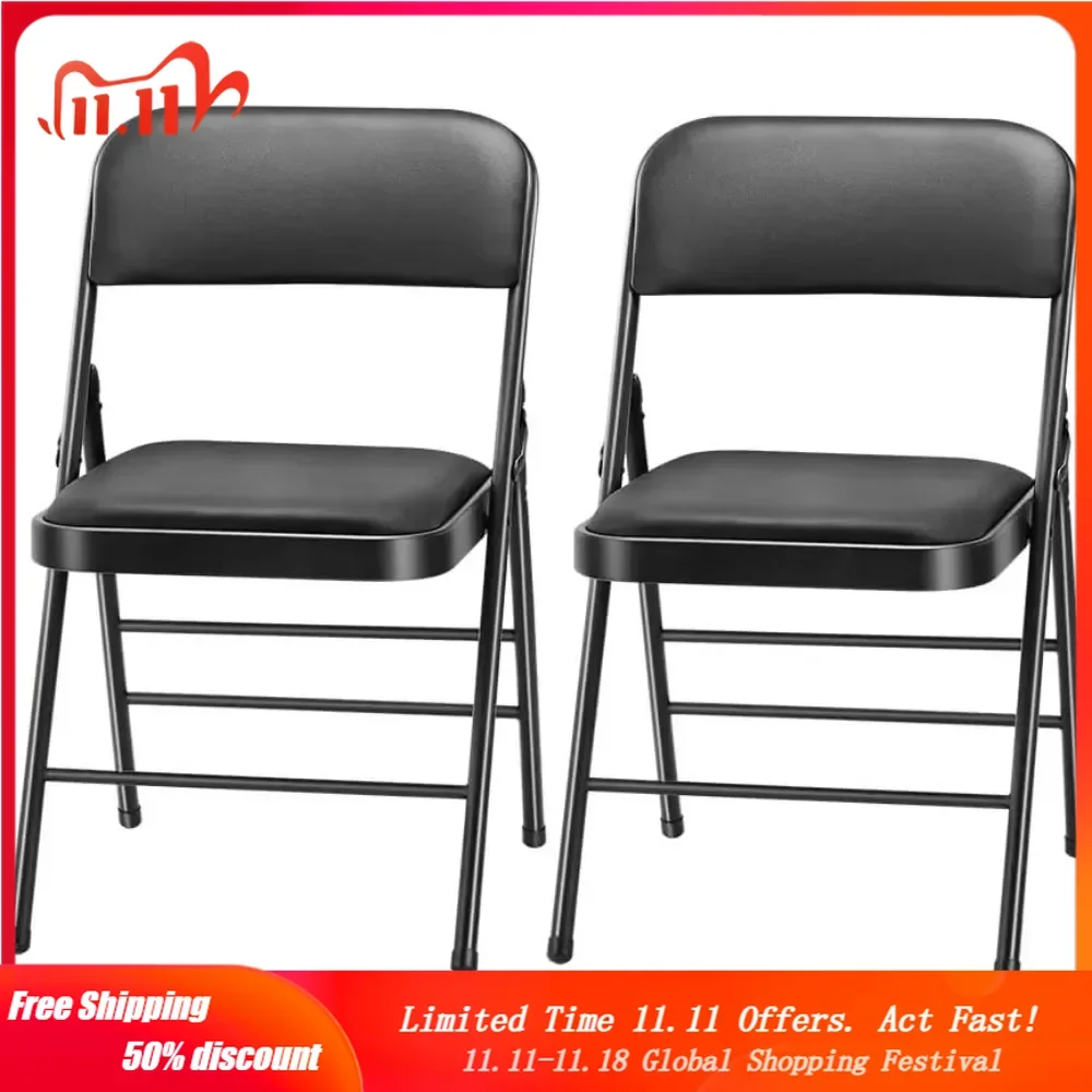 Pack of 2 (Fabric/Vinyl) Steel Frame Metal Foam Padded Folding Chairs (Black, Gray, White) (2-Pack)